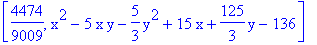 [4474/9009, x^2-5*x*y-5/3*y^2+15*x+125/3*y-136]